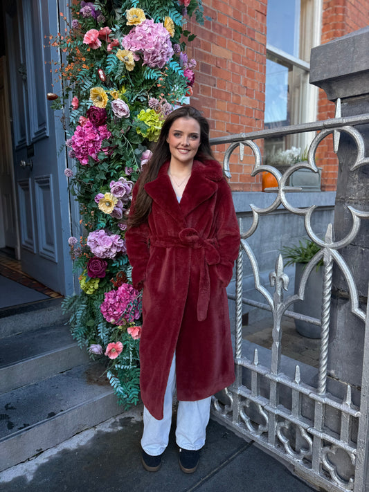 Herno Bordeaux Belted  Coat in  Alternative Fur