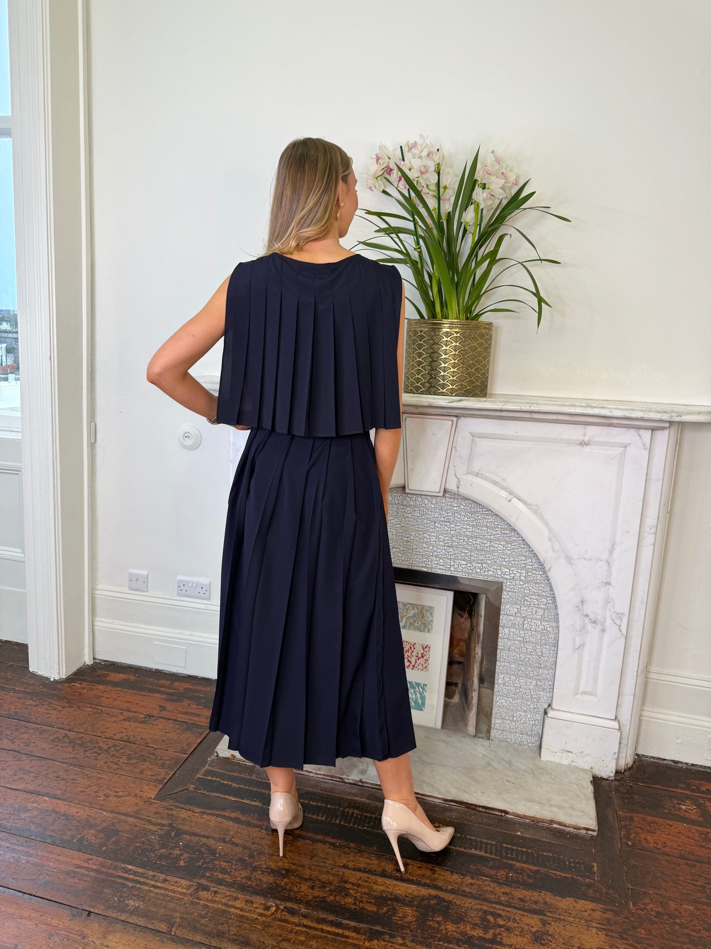 Beatrice B Pleated Long Dress With Waist Tie Navy