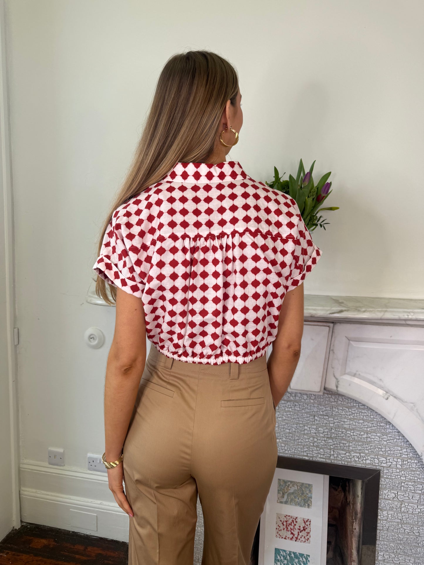 Iblues Linen and Cotton Red and Cream Printed Shirt Top