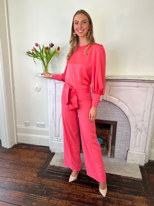 Coral Pink Blouse and Straight Leg Trousers With Tie Detail