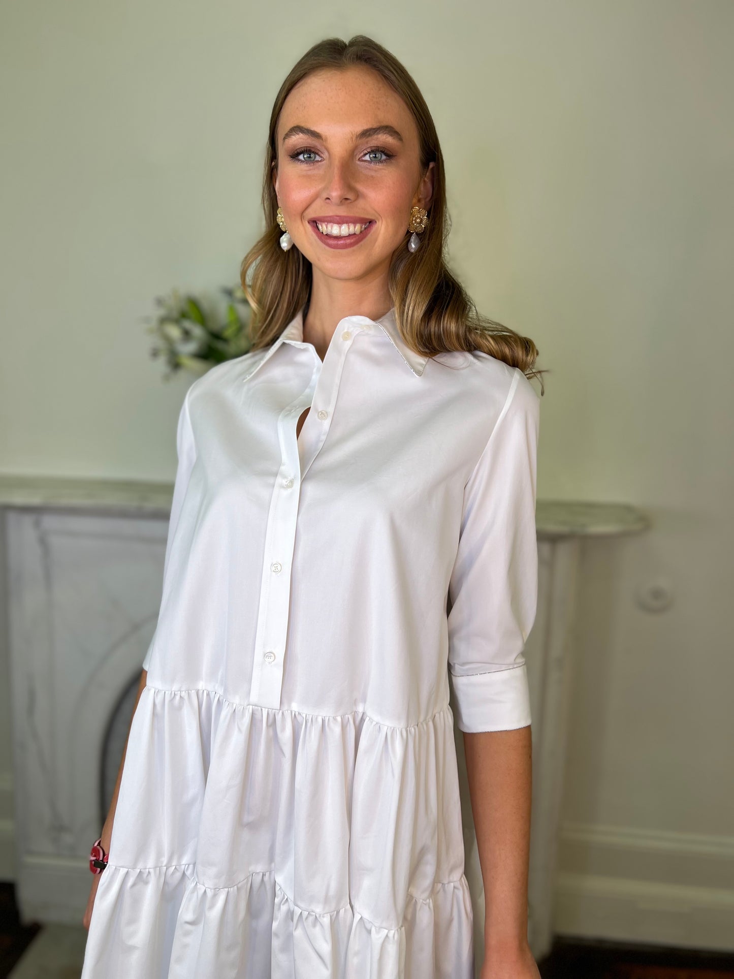 White Poplin Cotton Relaxed Shirt Dress with Silver Beaded Trim