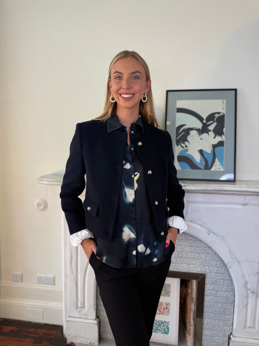 Beatrice B Dark Sapphire Wool Short Jacket with Detachable White Cuff Detail