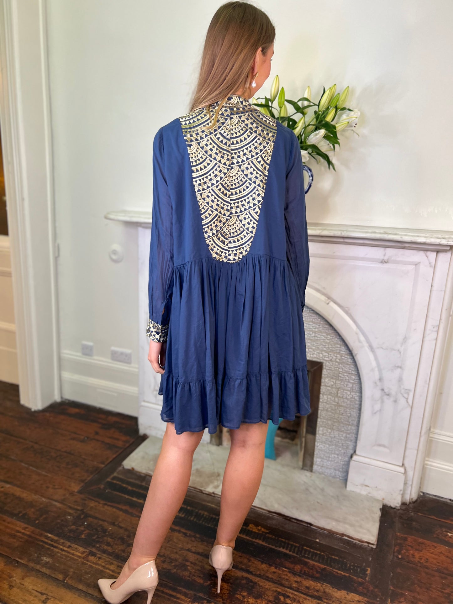 Navy and Gold Embroidered Cotton Tunic Dress
