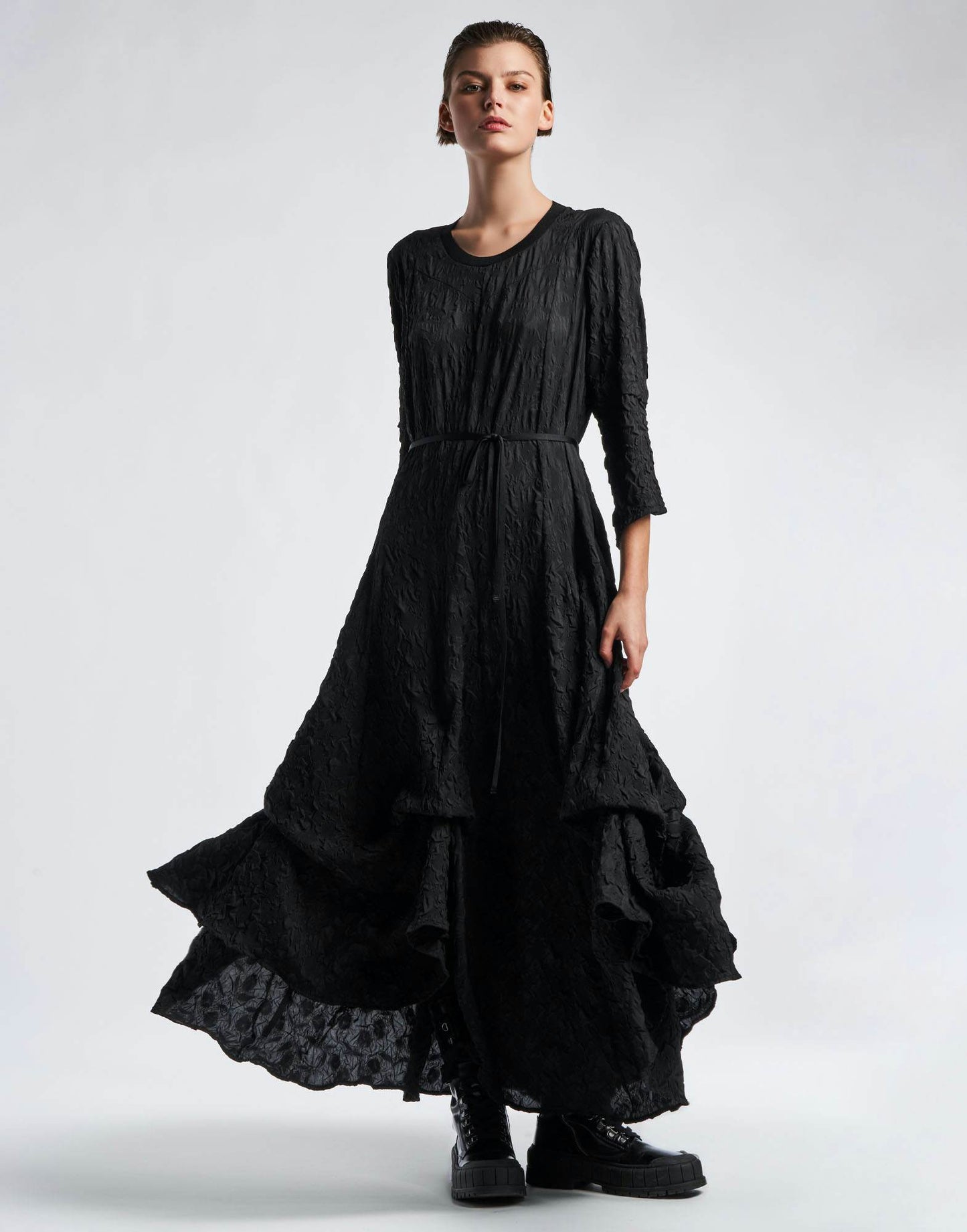 OPTIMISM Black Skirted Cloque Dress with Pick-up Hem