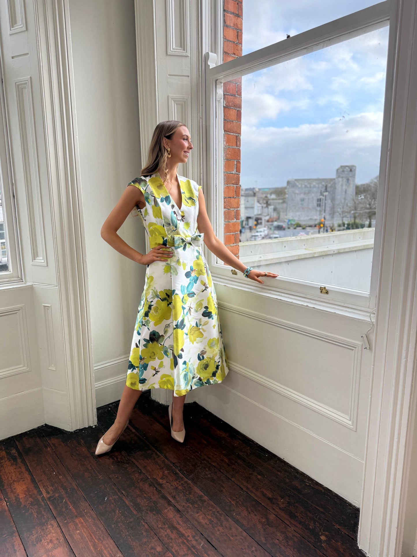 Sara Roka Lime Roses Satin Print Dress with Bow Belt