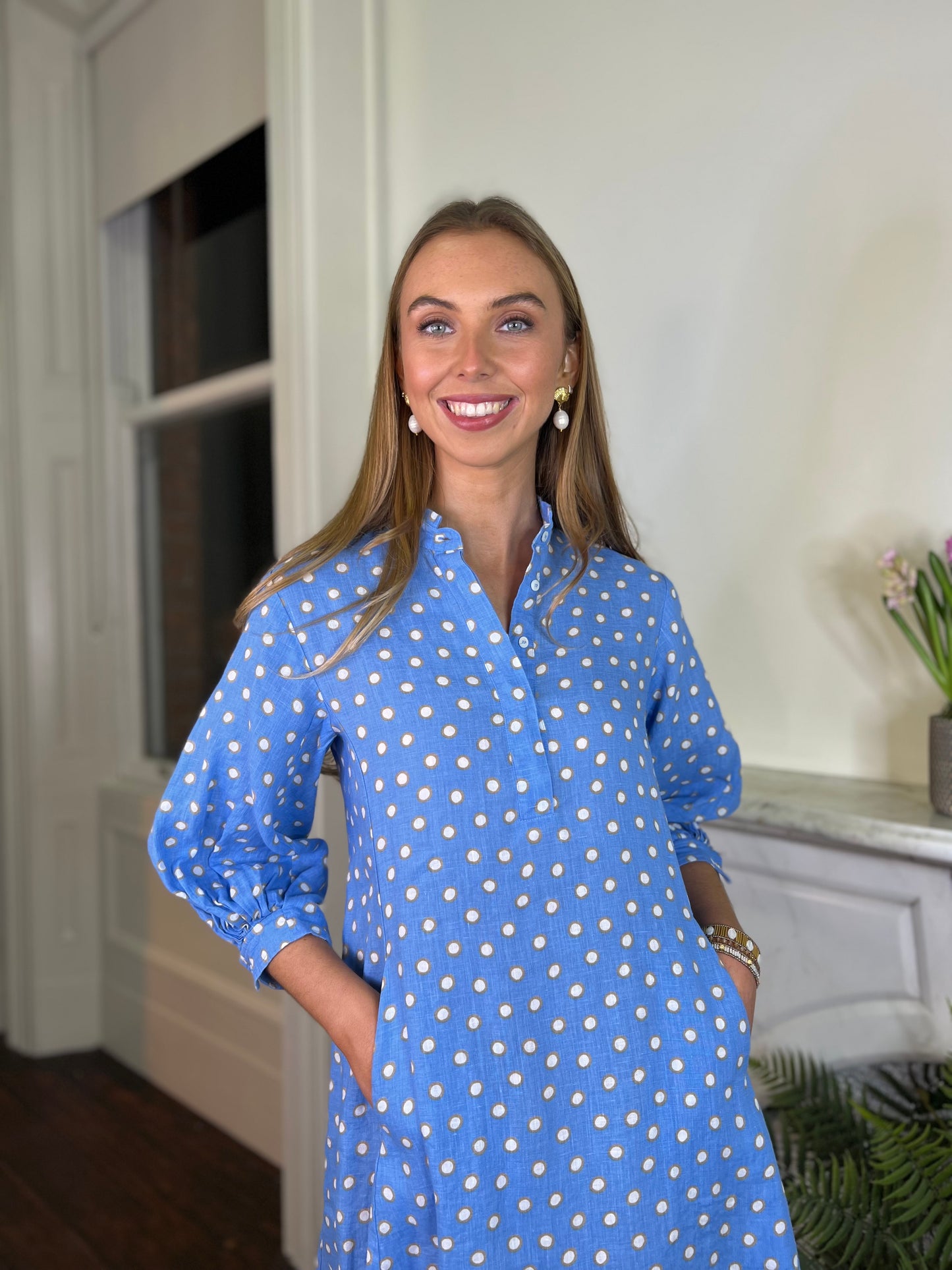 Rosso35 Sky Blue Polka Dot Linen Tunic Dress