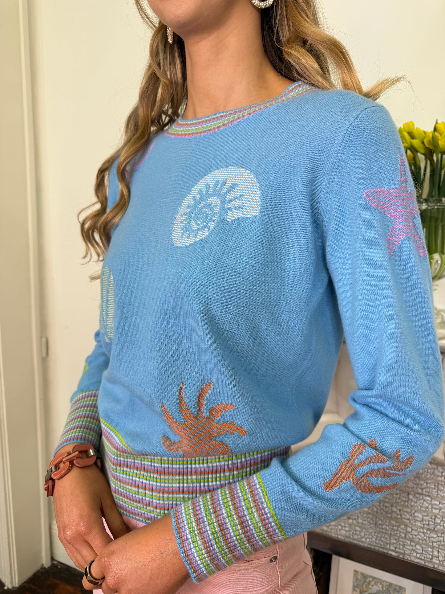 Cocoa Cashmere Coral Shell Sweater in Boating Blue