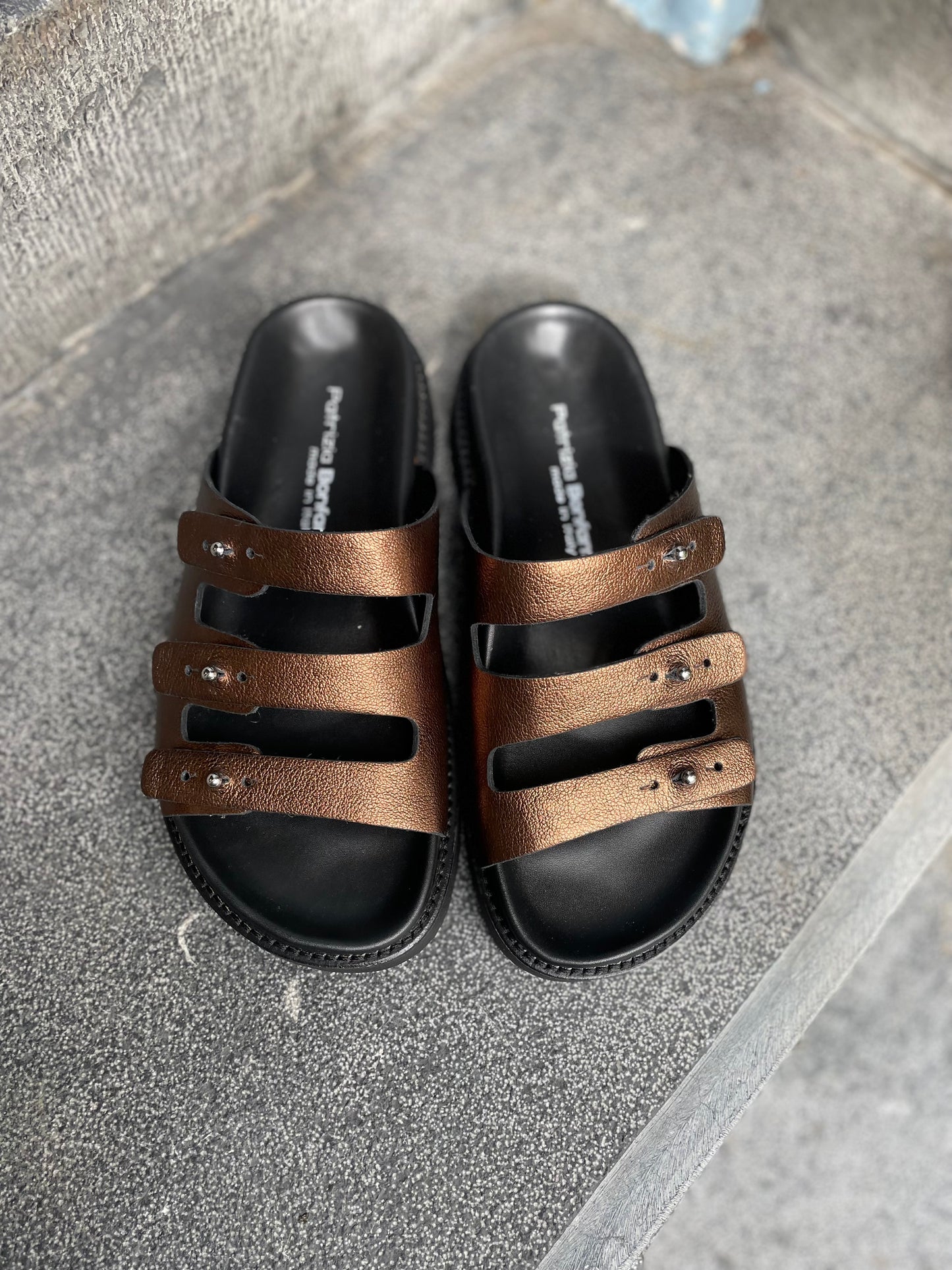 Patrizia Bonfanti Three Strap Sliders in Bronze Leather