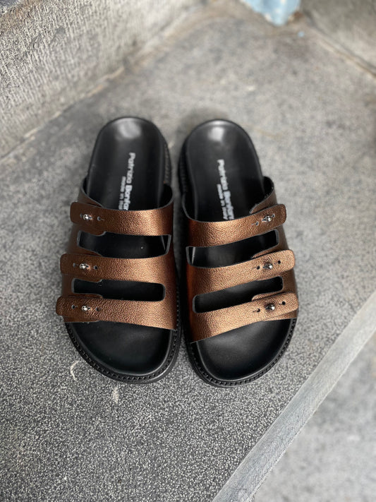 Patrizia Bonfanti Three Strap Sliders in Bronze Leather