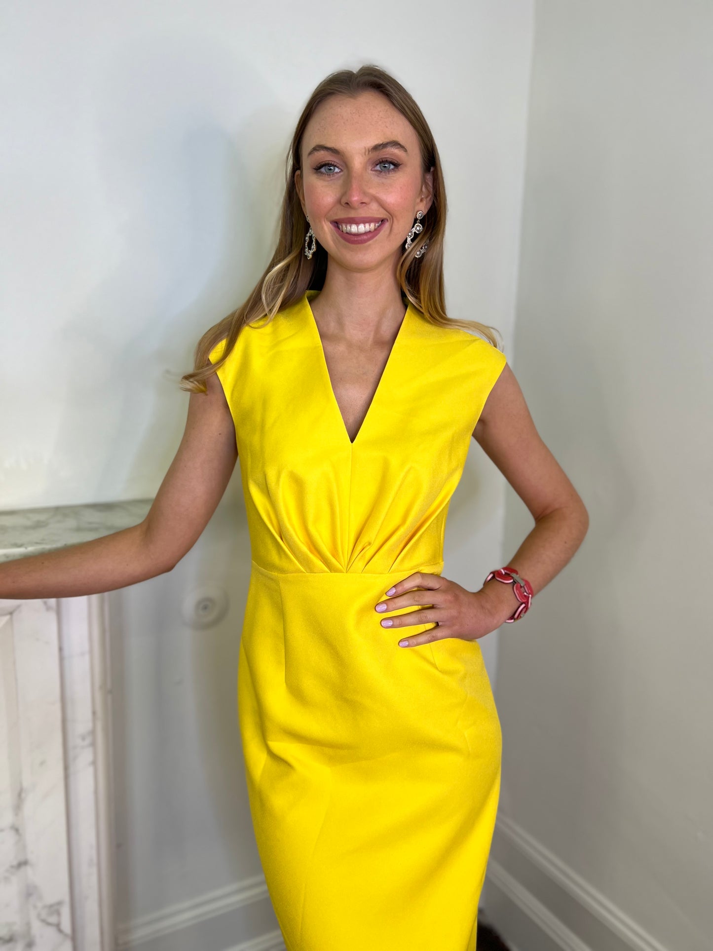 Sunset Yellow Fitted Midi  Dress with V Neck Detail
