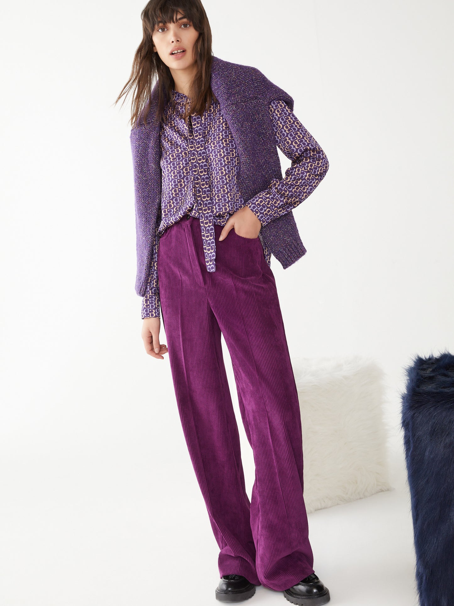 Purple Printed Neck Tie Blouse