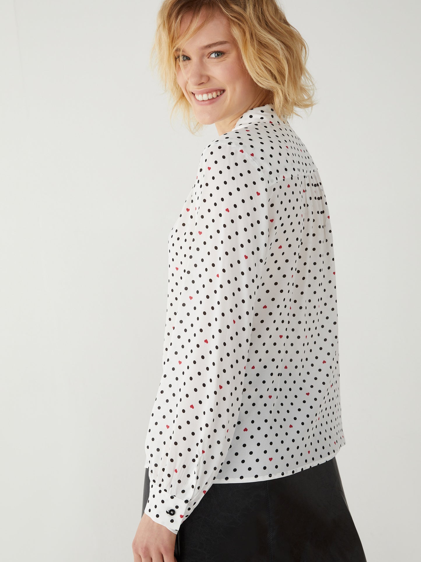 Nolana Black and White Polka Dot  Shirt with Red Hearts