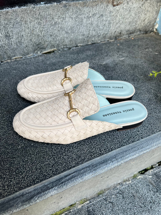 Cream Woven Leather Sliders with Gold Horse Bit Hardware