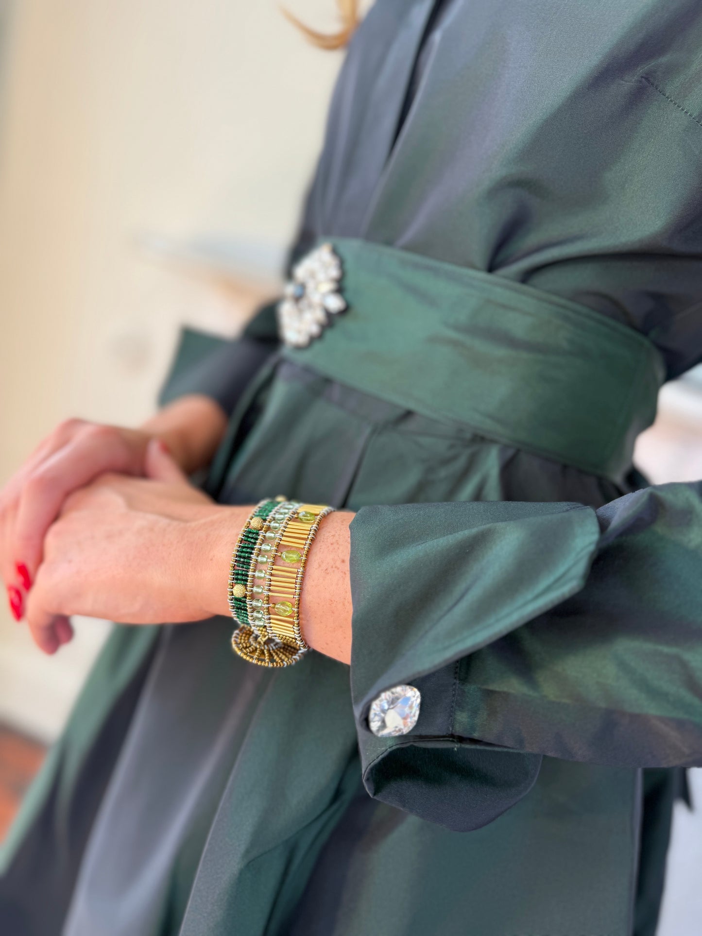 Sara Roka Iridescent  Midi Shirt Dress in Iridescent Green