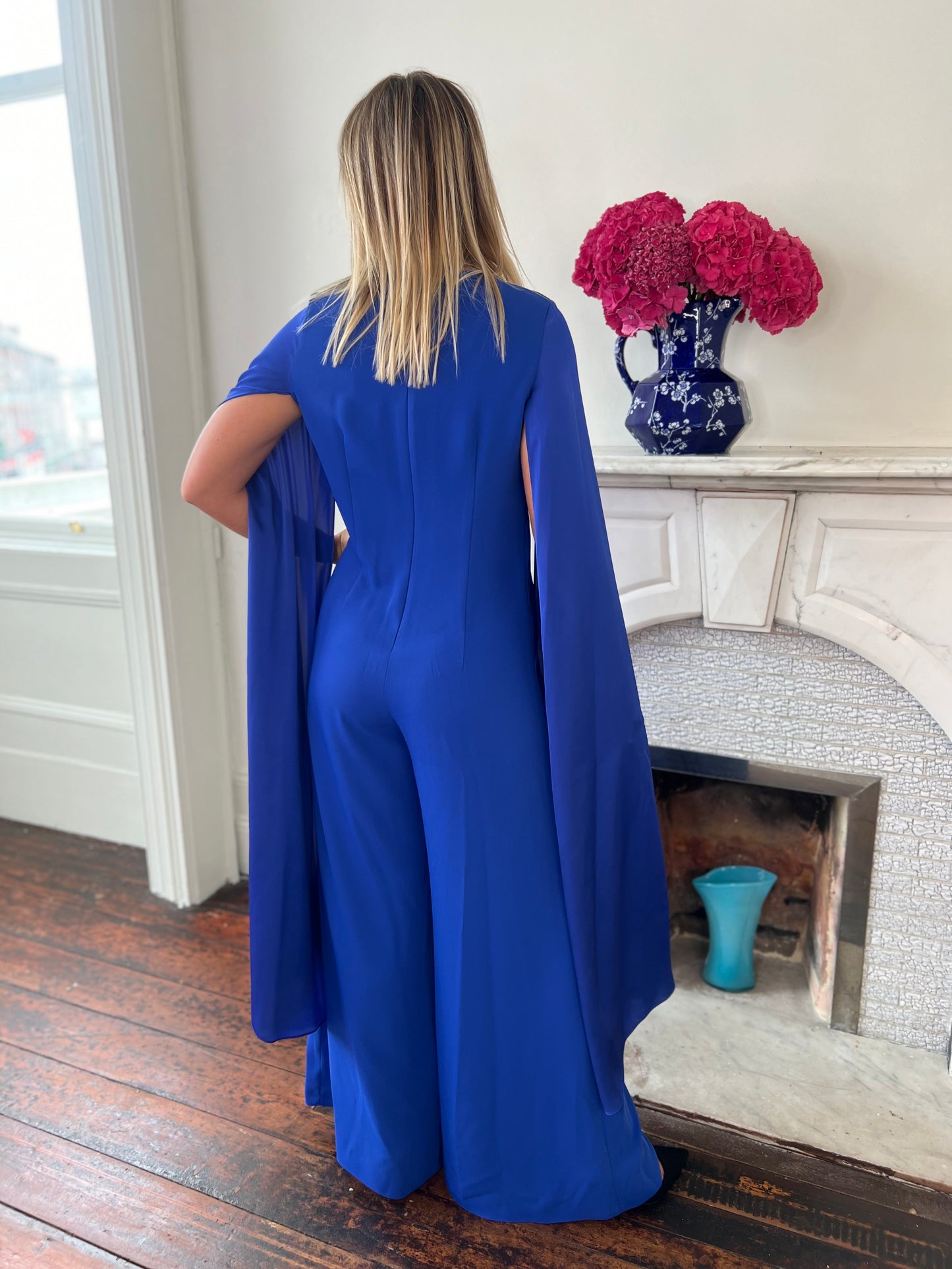 Royal Blue Jumpsuit With  Long Draped Sleeve Detail