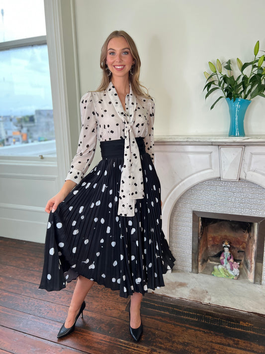 Black and Pearl Polka Dot Silk Dress with Pussy Bow Detail