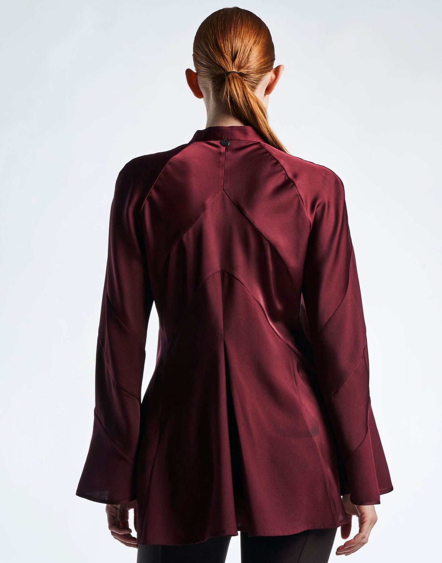 PATIENTLY  Burgundy Flared Blouse in Tech Satin