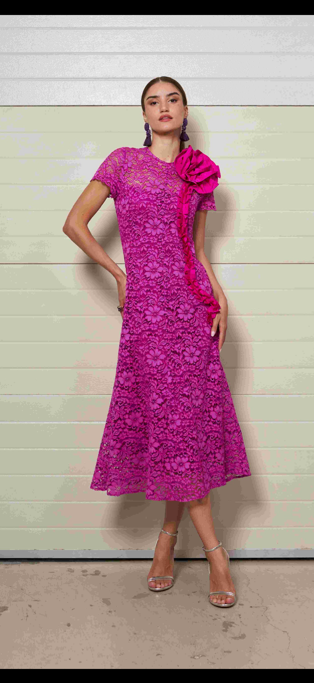 Moskada Fushia Pink Lace  Dress with Corsage