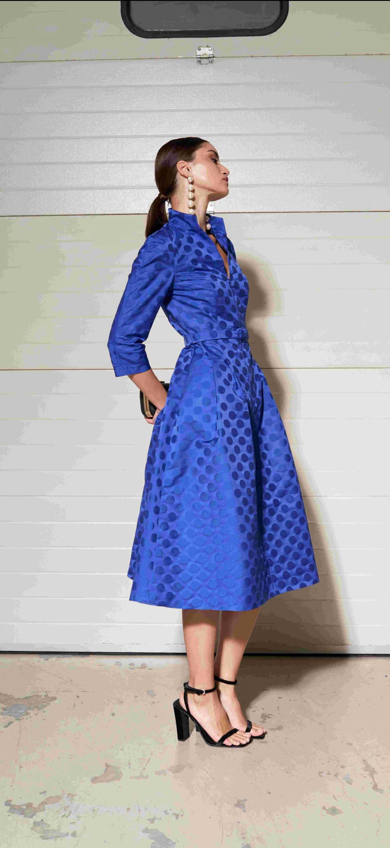 Moskada Sapphire Blue  Polka Dot Embossed  Fit and Flare Dress