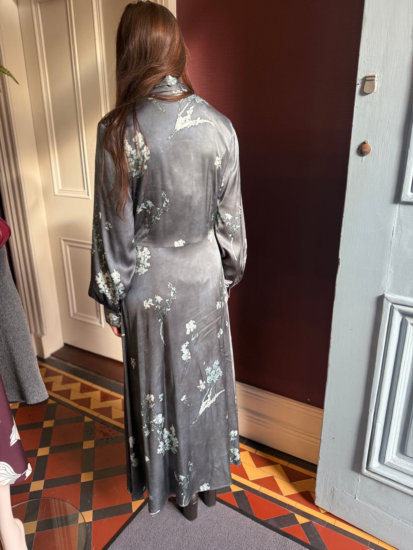 Caliban  Silk Powder Blue Grey Printed Long Sleeve Dress with Tie Detail at the Neck