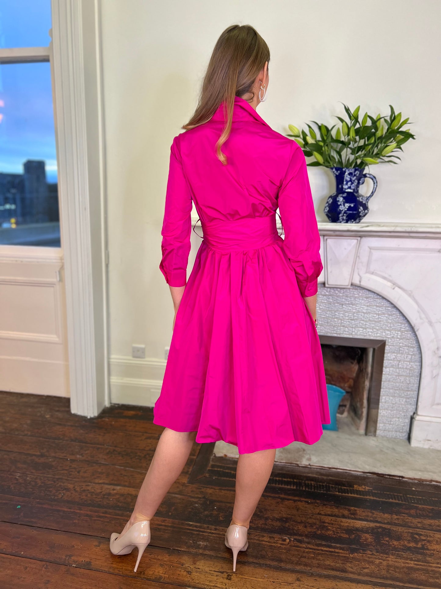 Angela Magenta Pink Taffeta Shirt Dress with Frill Detail