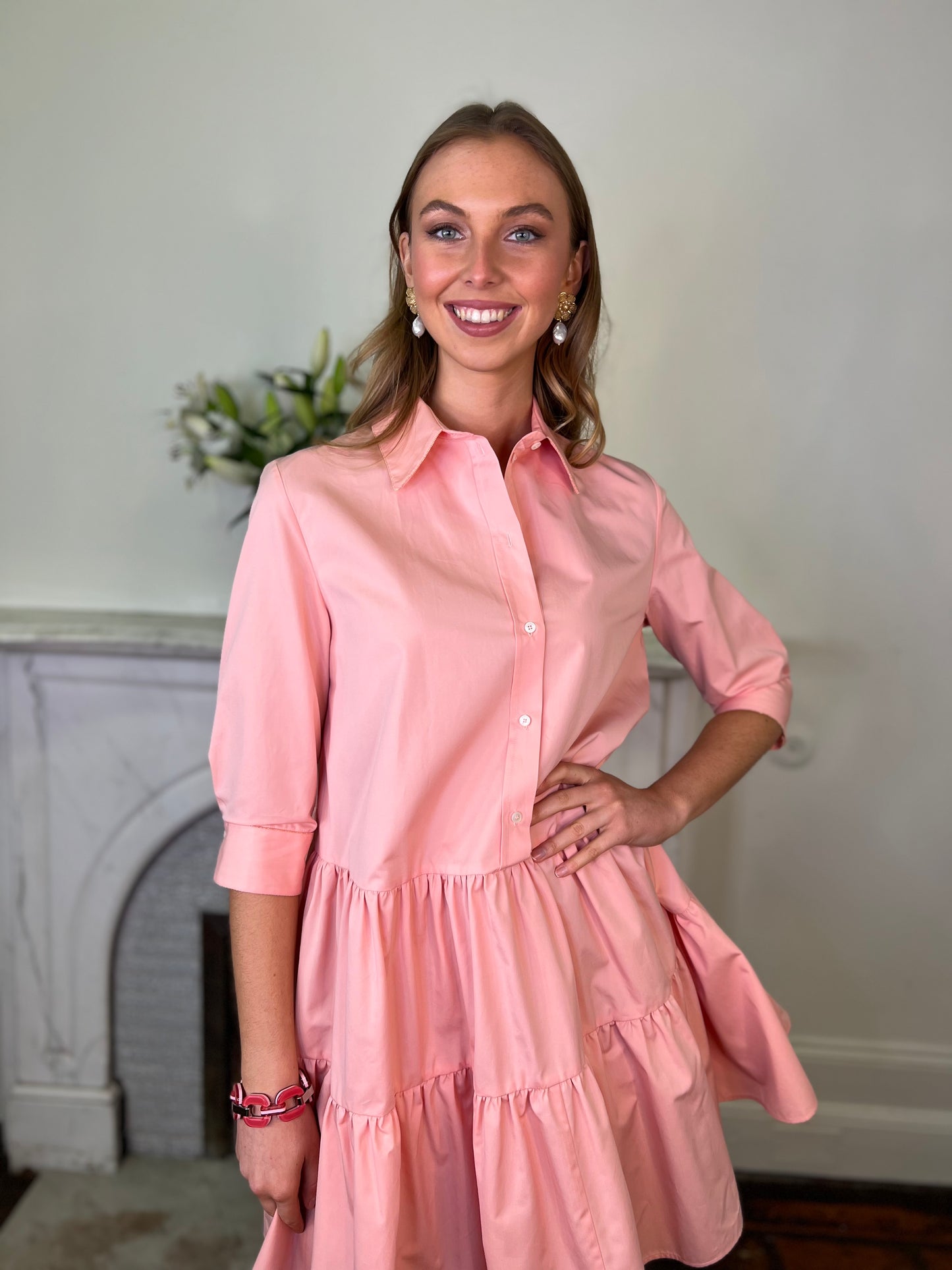 Coral Poplin Cotton Shirt Dress with a Rose  Gold Beaded Trim