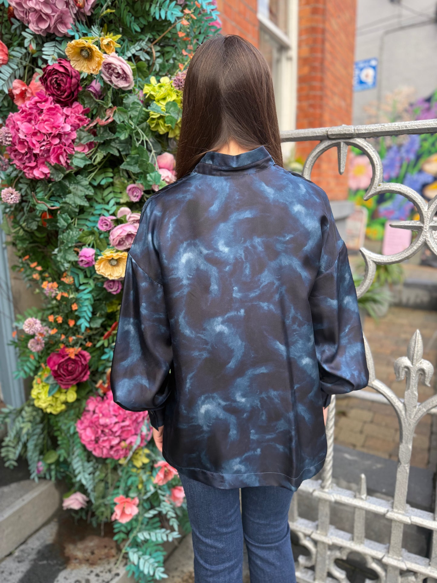Caliban Marble Blue Print Silk Blouse