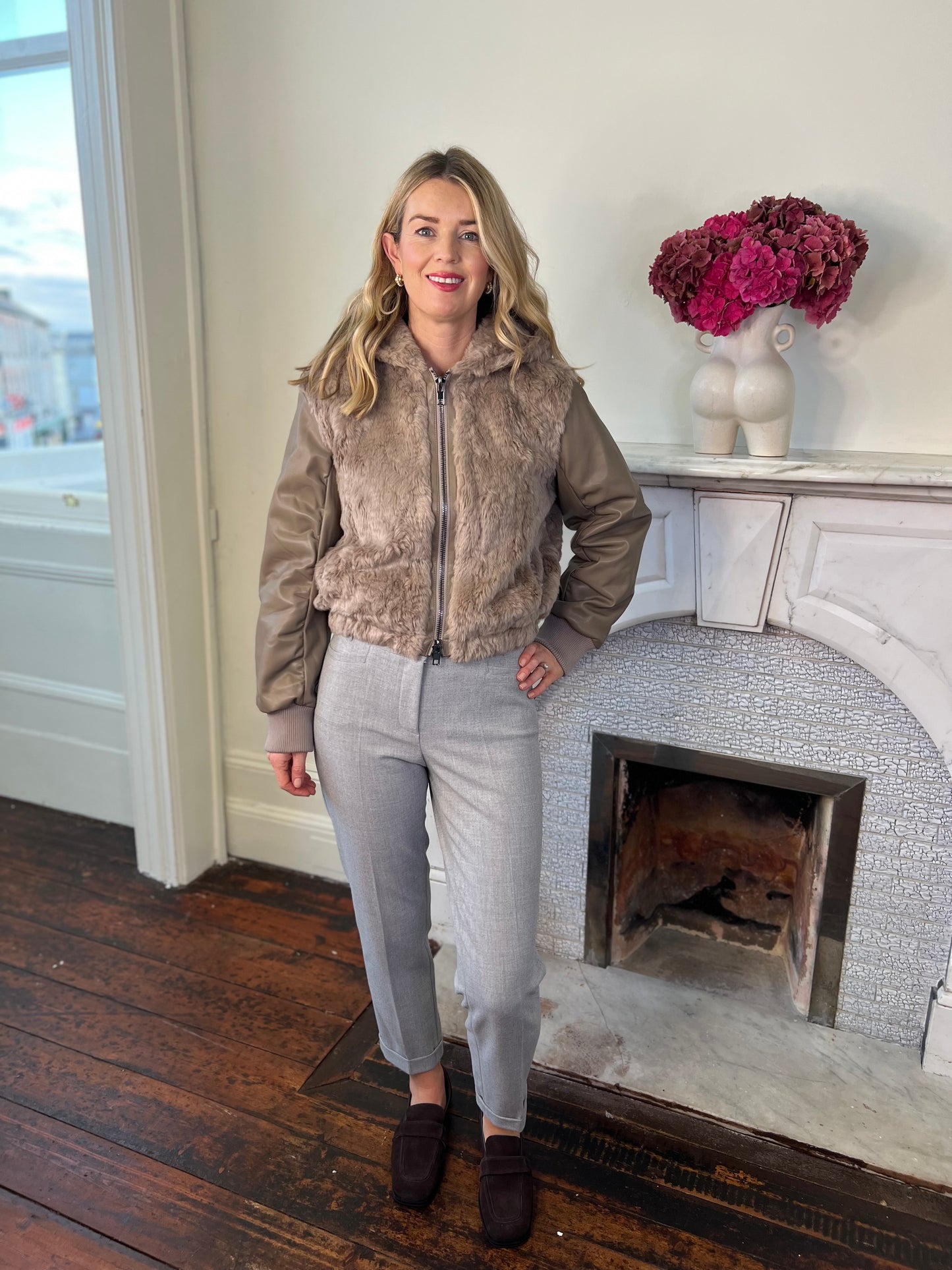 Kaos Taupe Faux Fur and Faux Leather Jacket with Hood