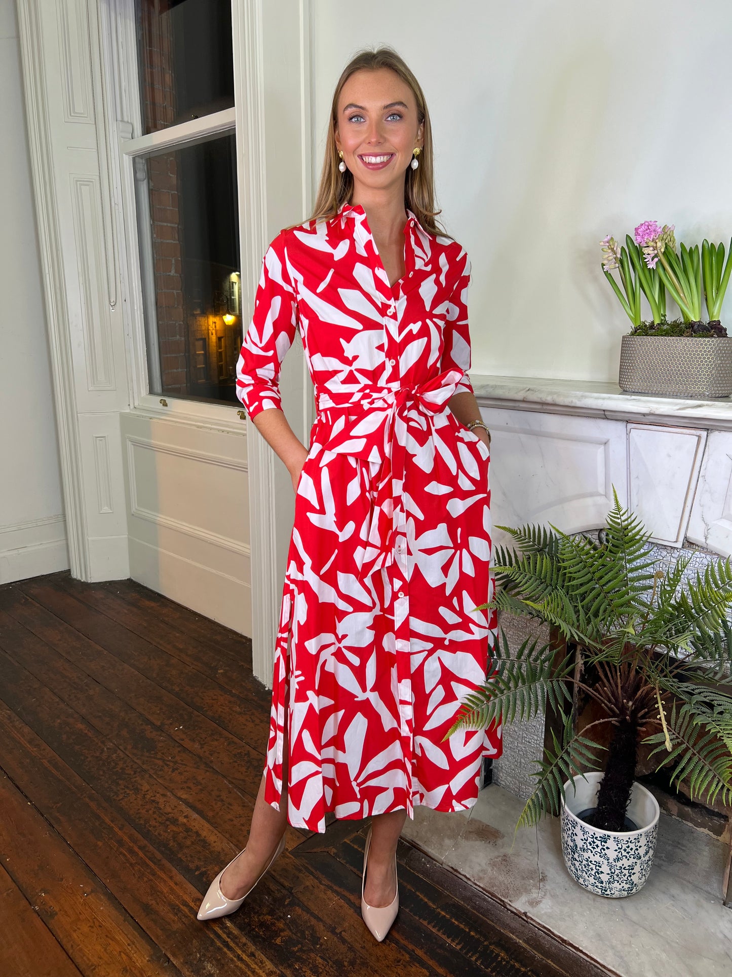 Rosso35 Red and White Poplin Cotton Shirt Dress