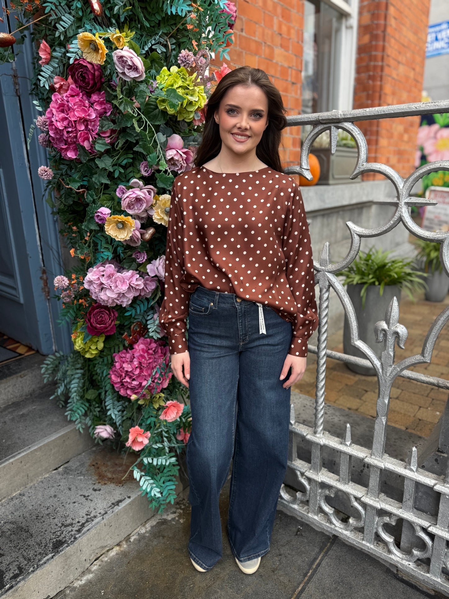 Caliban Silk Brown And Cream Polka Dot Top