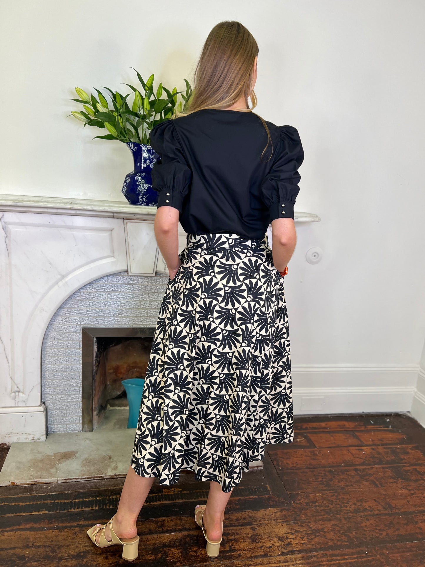 Black and Cream Printed A Line Skirt with Button Detail