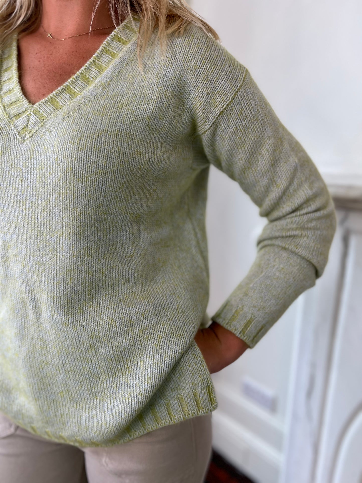 Lime Green Melange V Neck Jumper