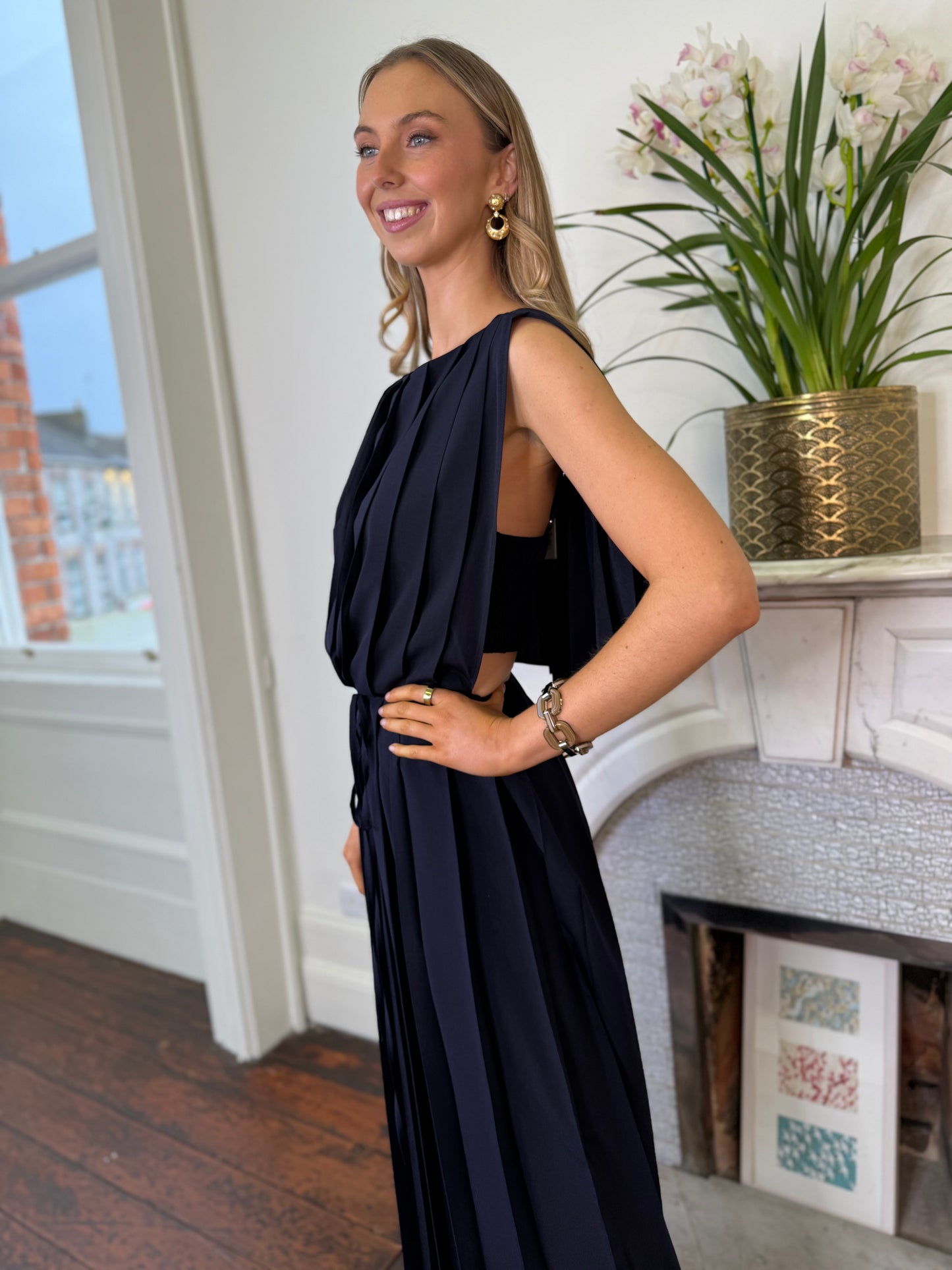 Beatrice B Pleated Long Dress With Waist Tie Navy