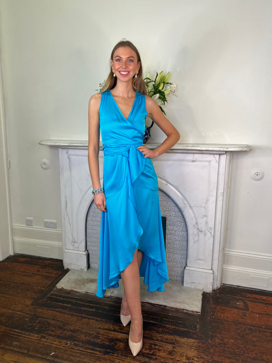 Sleeveless Turquoise Wrap effect Silk  Midi Dress