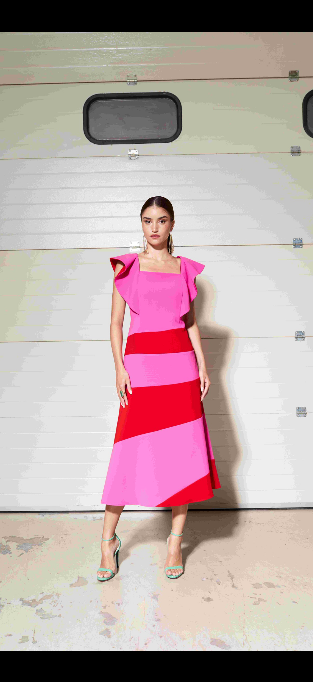 Moskada Pink and Red Dress with Frill Shoulder Detail