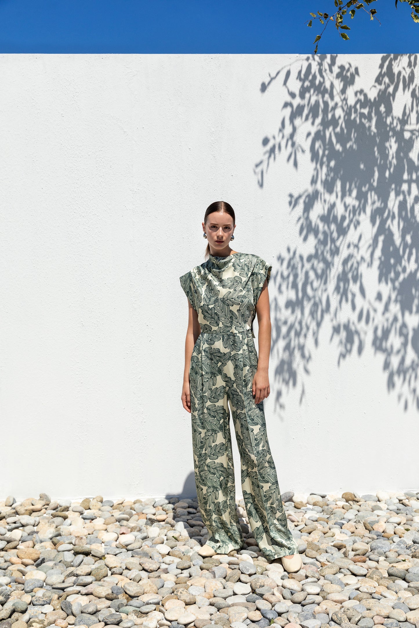 Kameya Teal Green and Cream Printed Jumpsuit