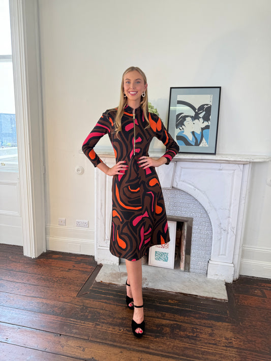 Moskada Abstract Print Neopren Dress with Zip Detail