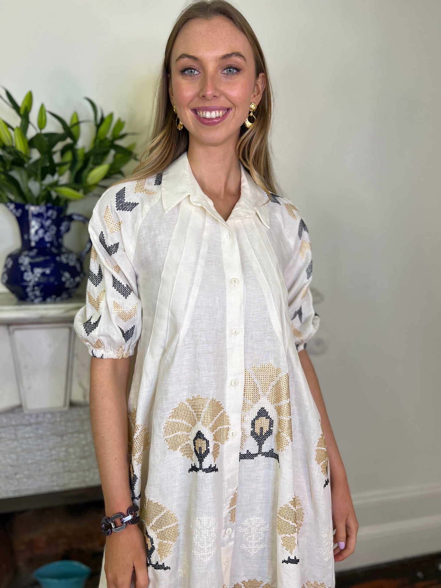 Cream Linen Shirt Dress with Gold and Black Embroidery