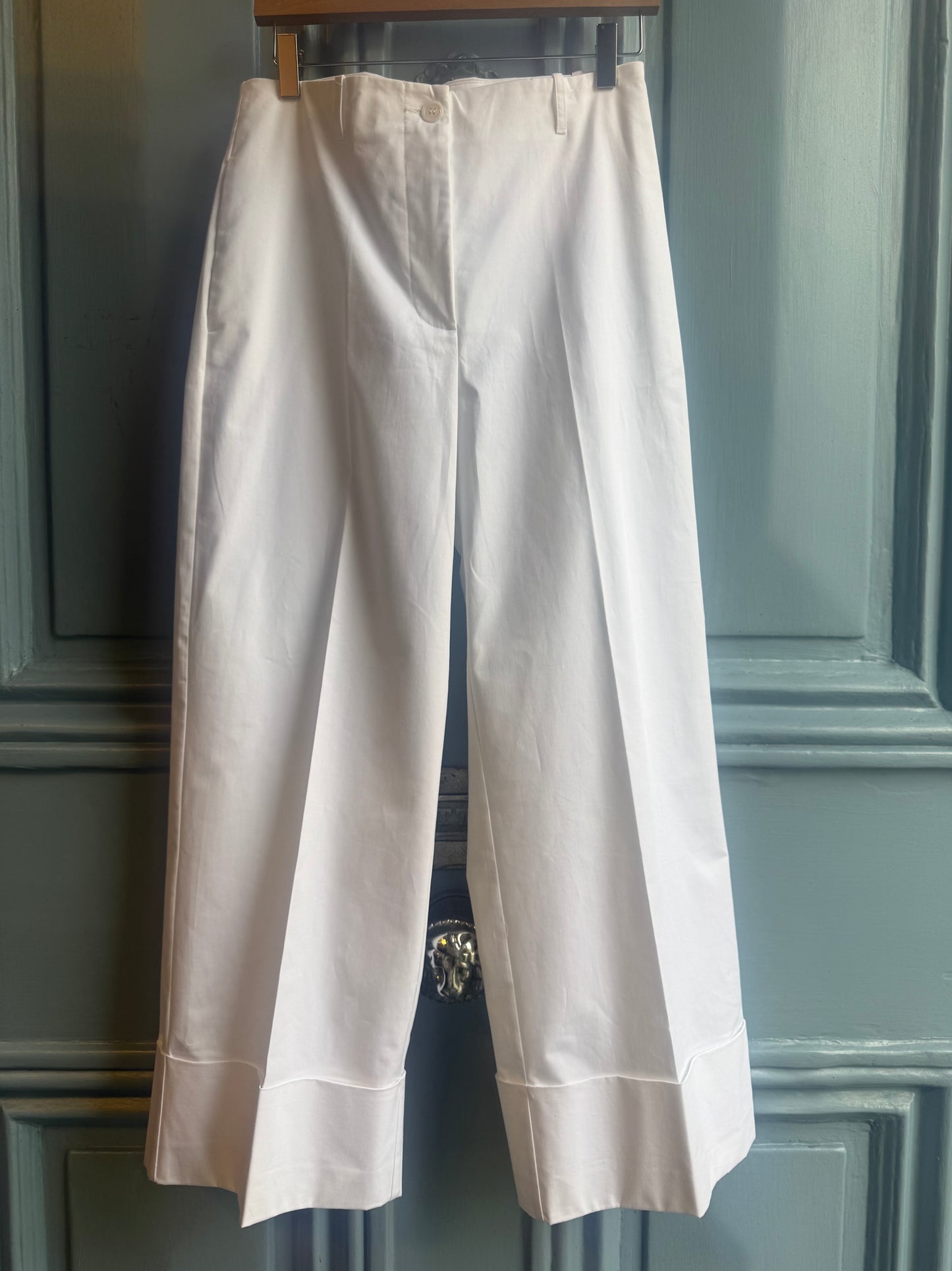 Beatrice B White Poplin Cotton Structured Trousers with Wide Turn up