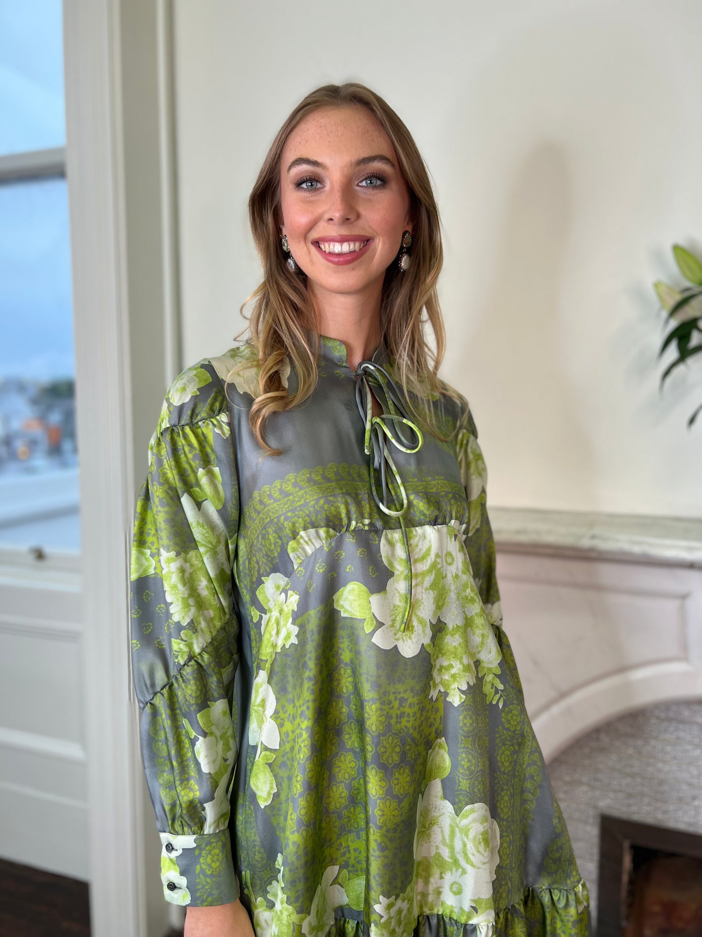 Lime Green and Light Grey Silk Tunic Dress with Tie Detail