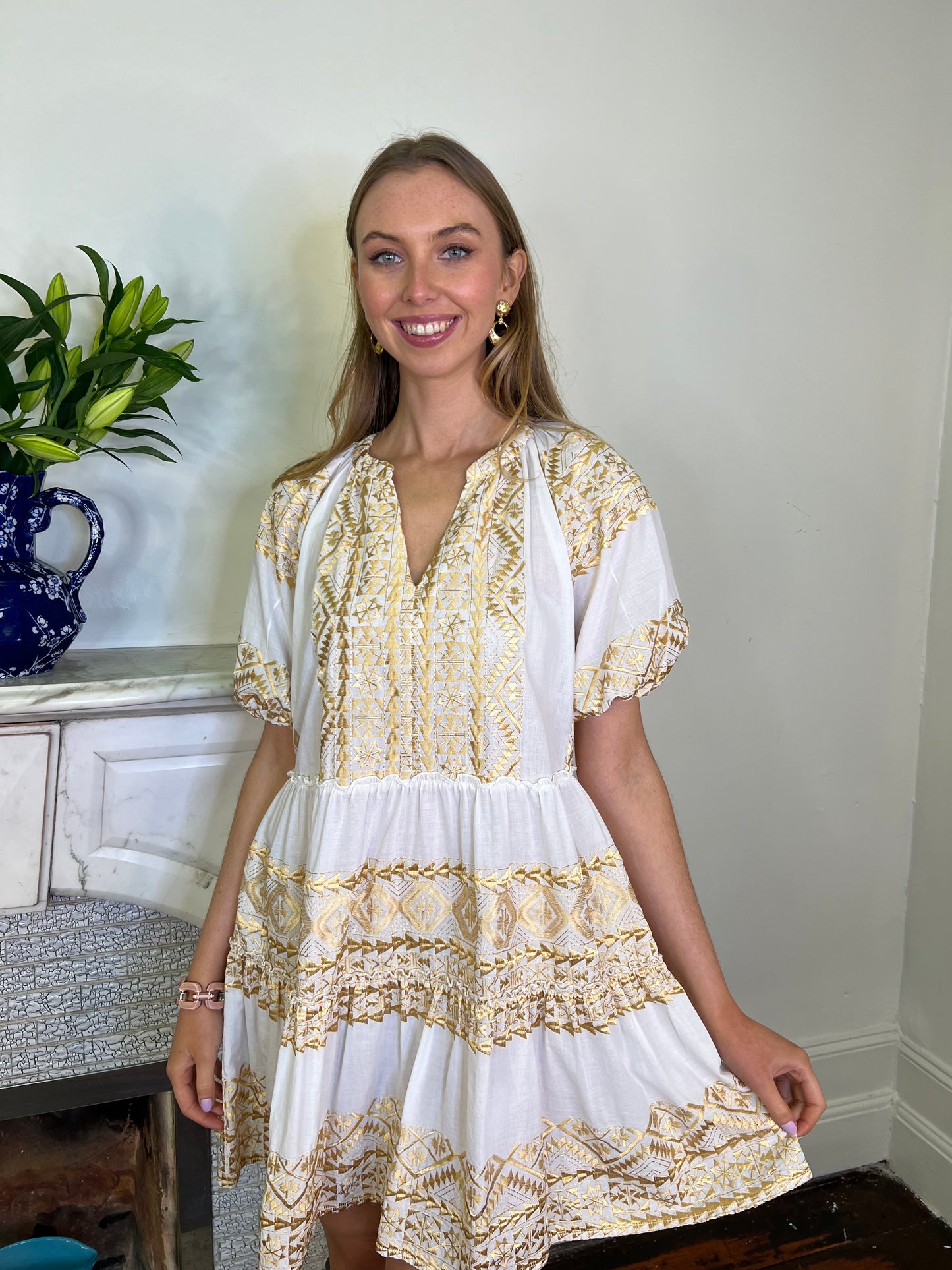 White and Gold Embroidered Cotton Dress with Short Sleeves