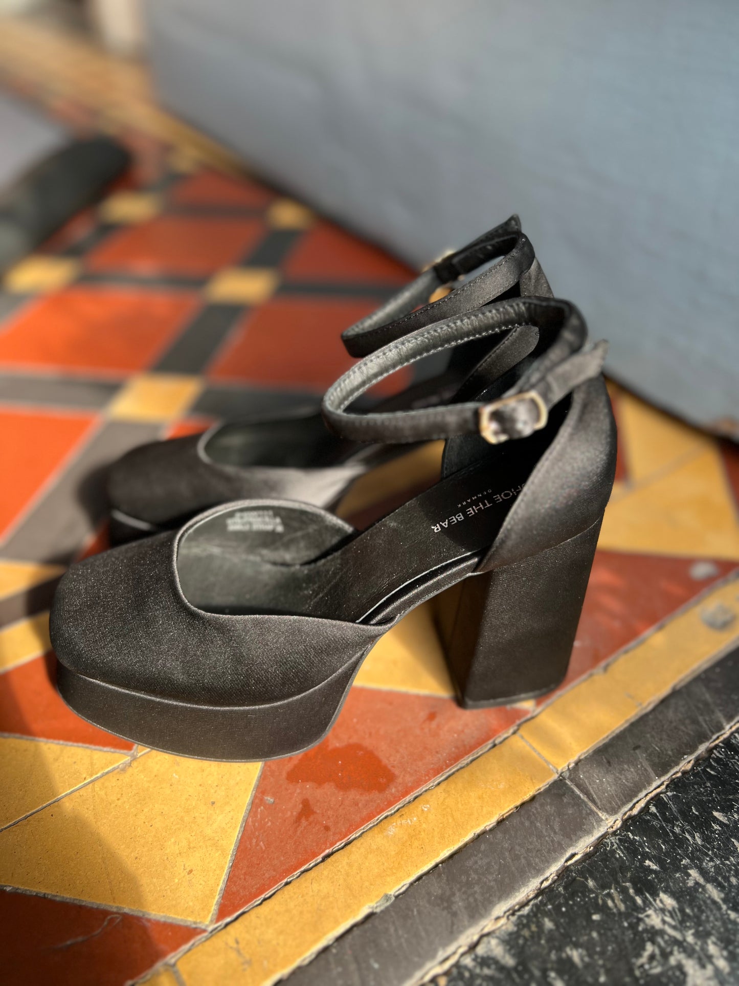 Priscilla Black Satin Ankle Strap Platform Shoes