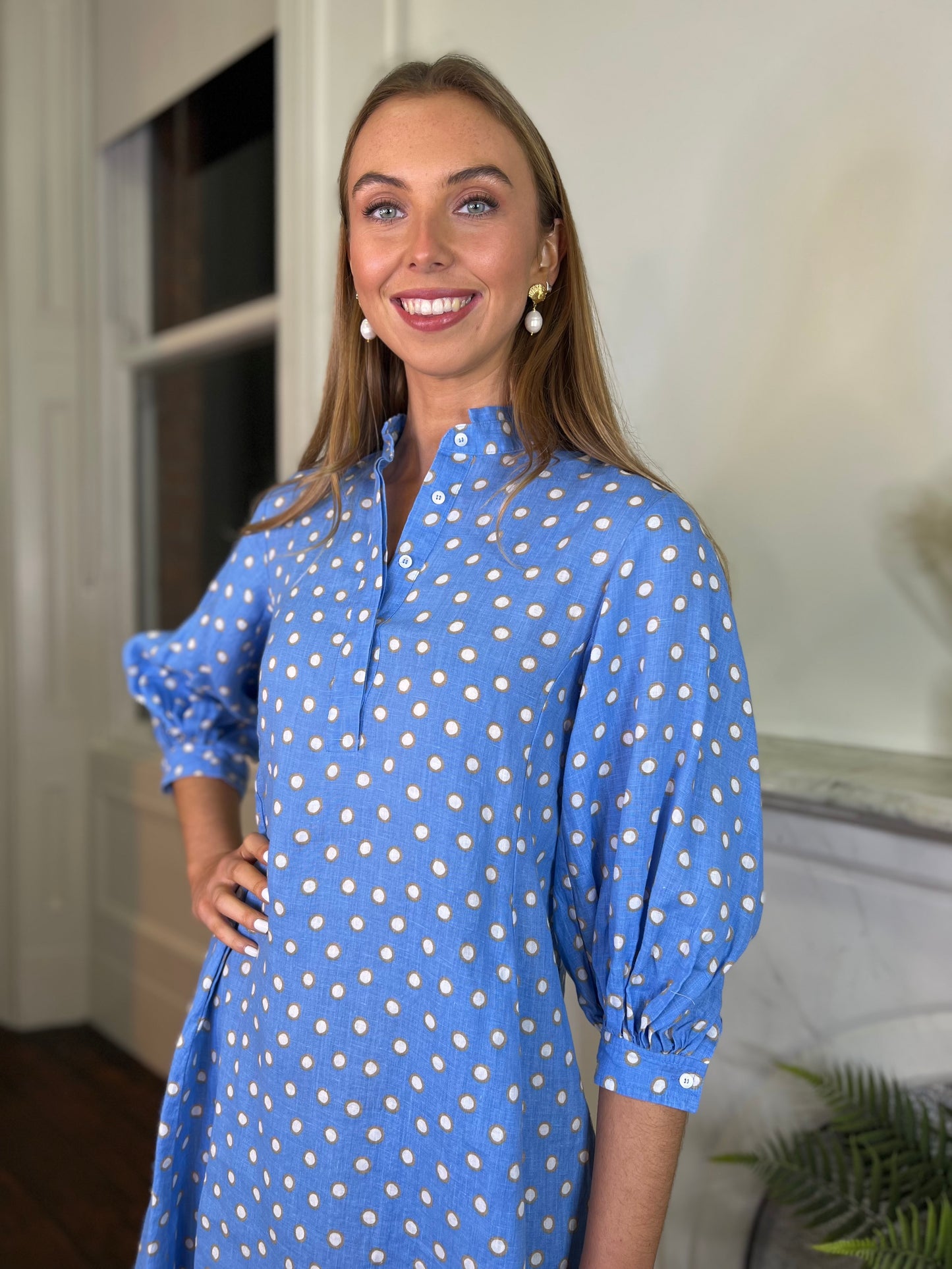 Rosso35 Sky Blue Polka Dot Linen Tunic Dress