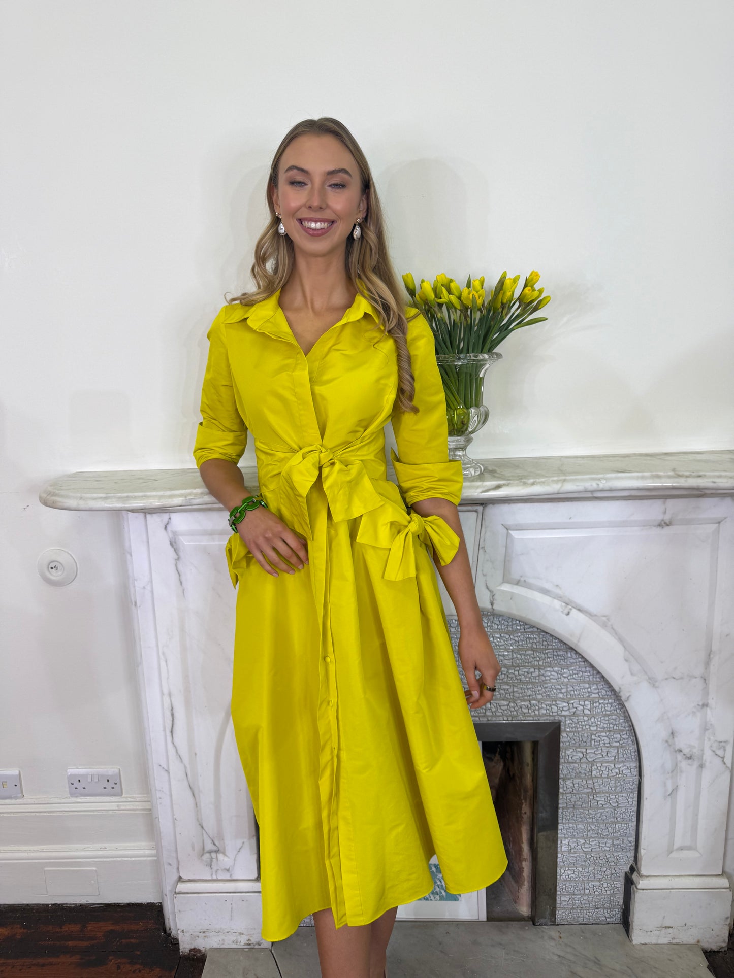 Moskada Yellow Taffeta Shirt Dress with Belt and Pocket Detail