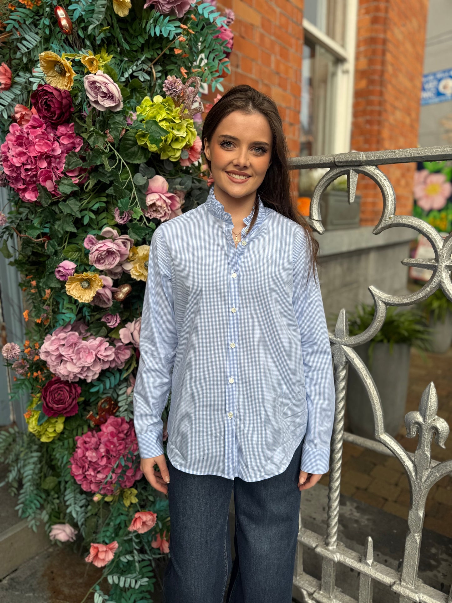 Caliban Gingham Blue And White Cotton Shirt