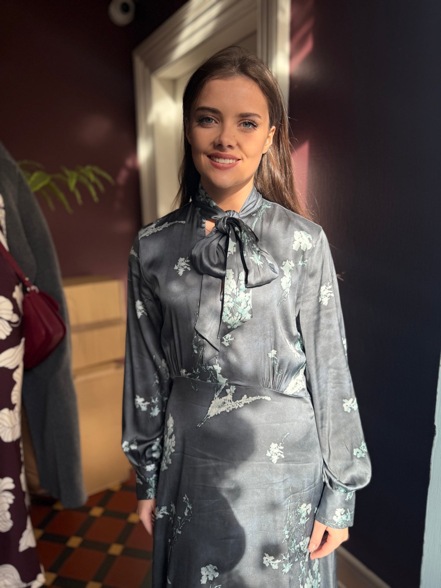 Caliban  Silk Powder Blue Grey Printed Long Sleeve Dress with Tie Detail at the Neck