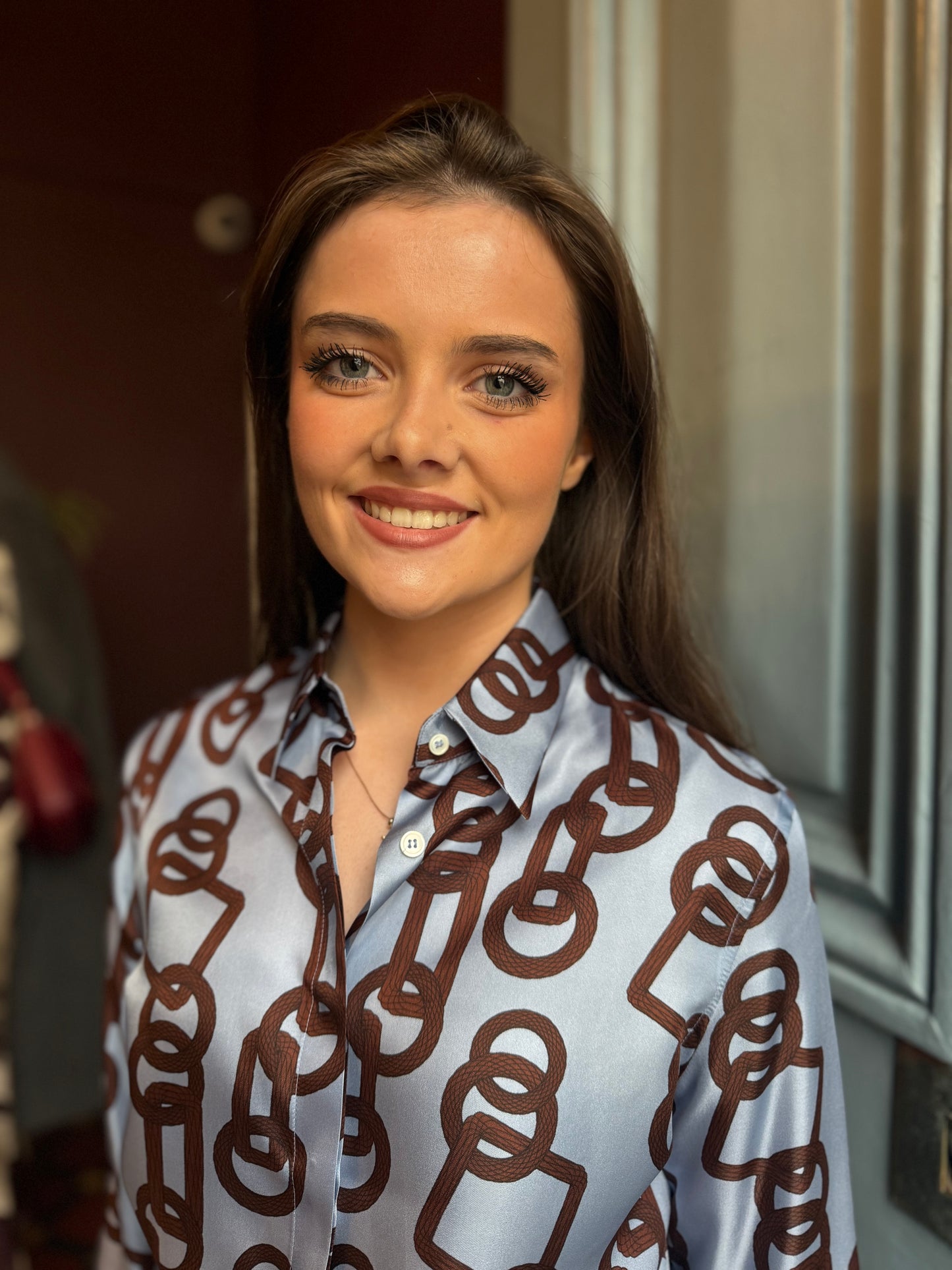 Caliban Aqua Blue And Brown Print Silk Shirt