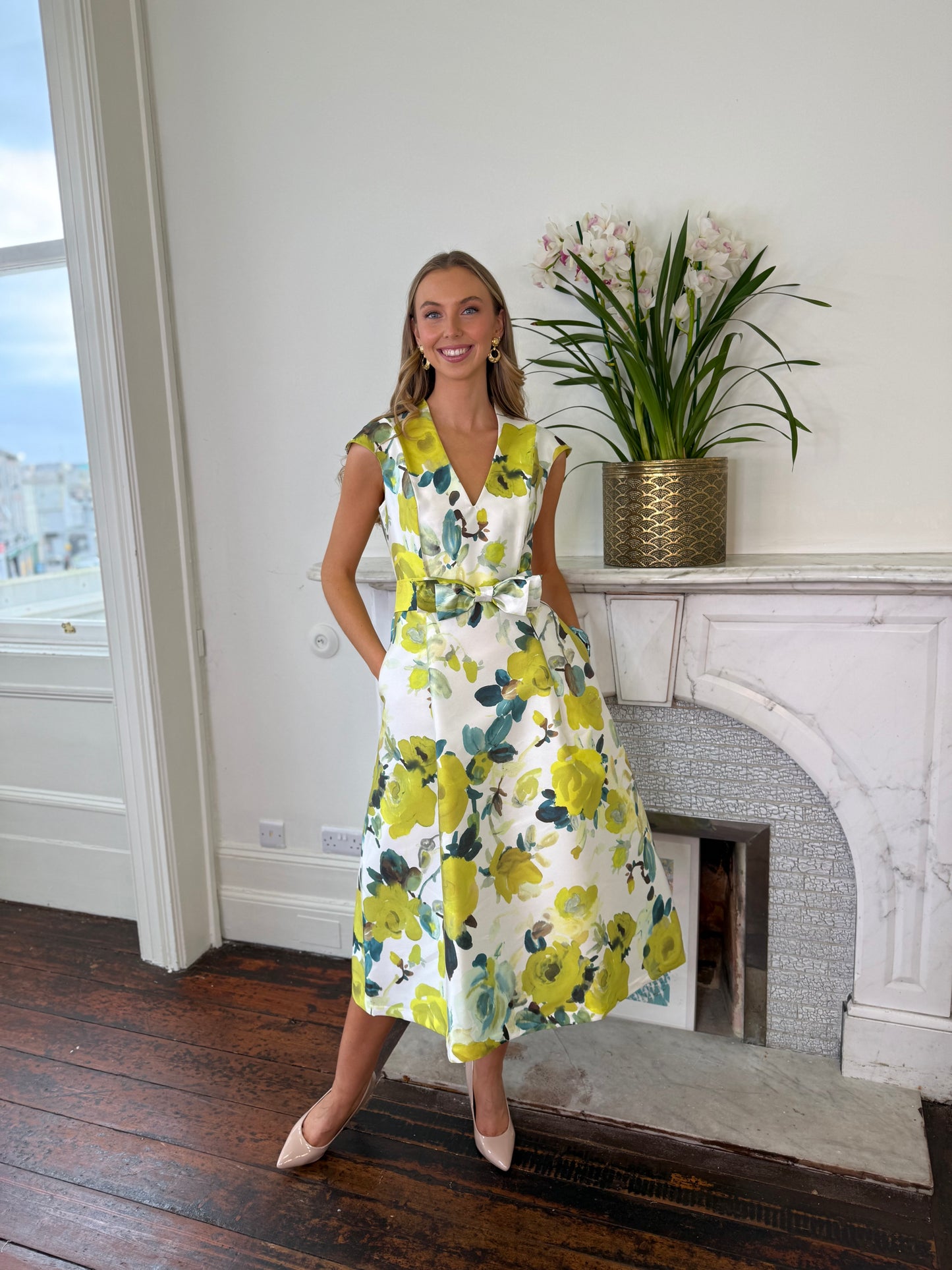 Sara Roka Lime Roses Satin Print Dress with Bow Belt