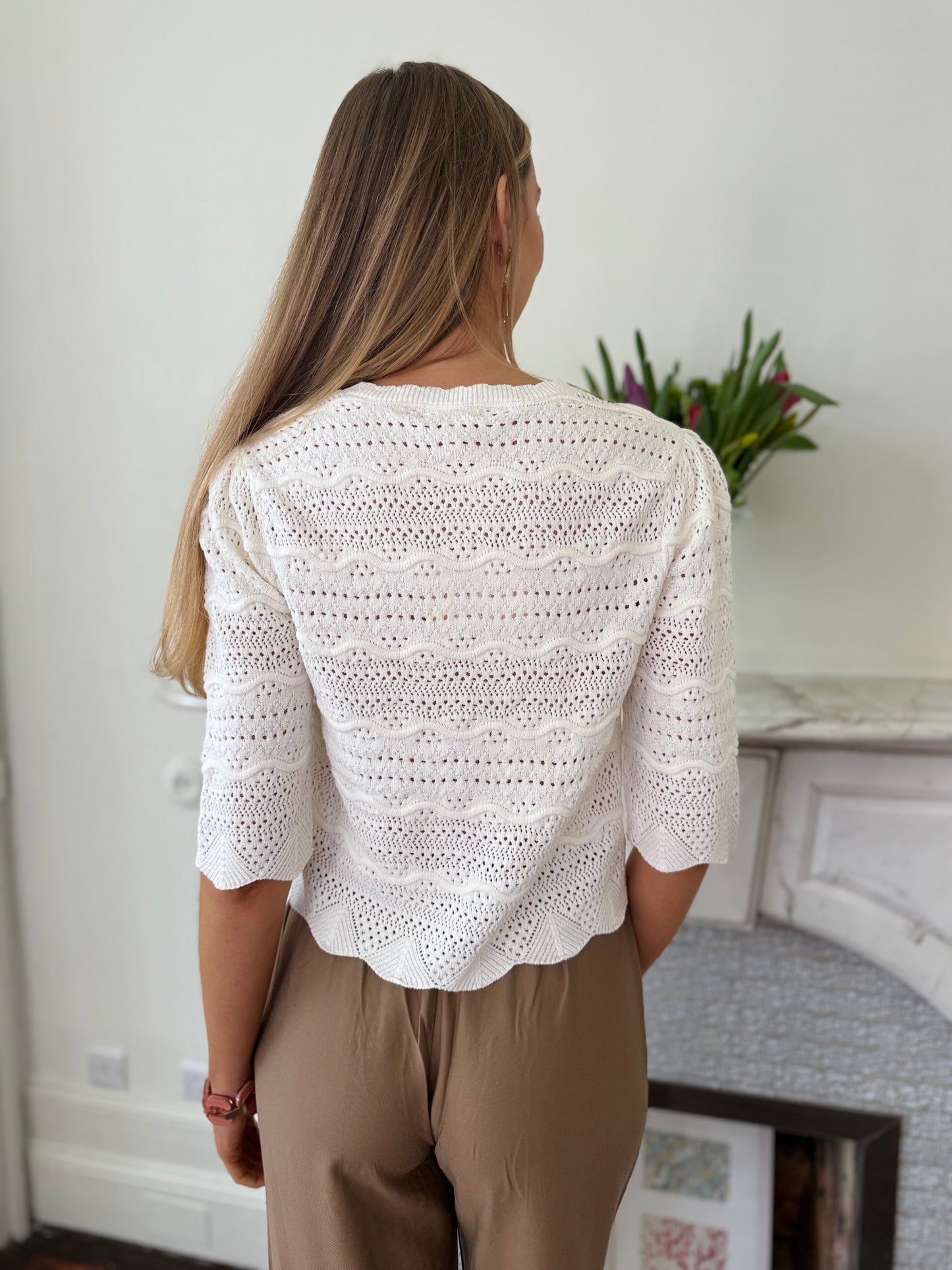 Suncoo Ganach Crochet Knit Cardigan in Off White