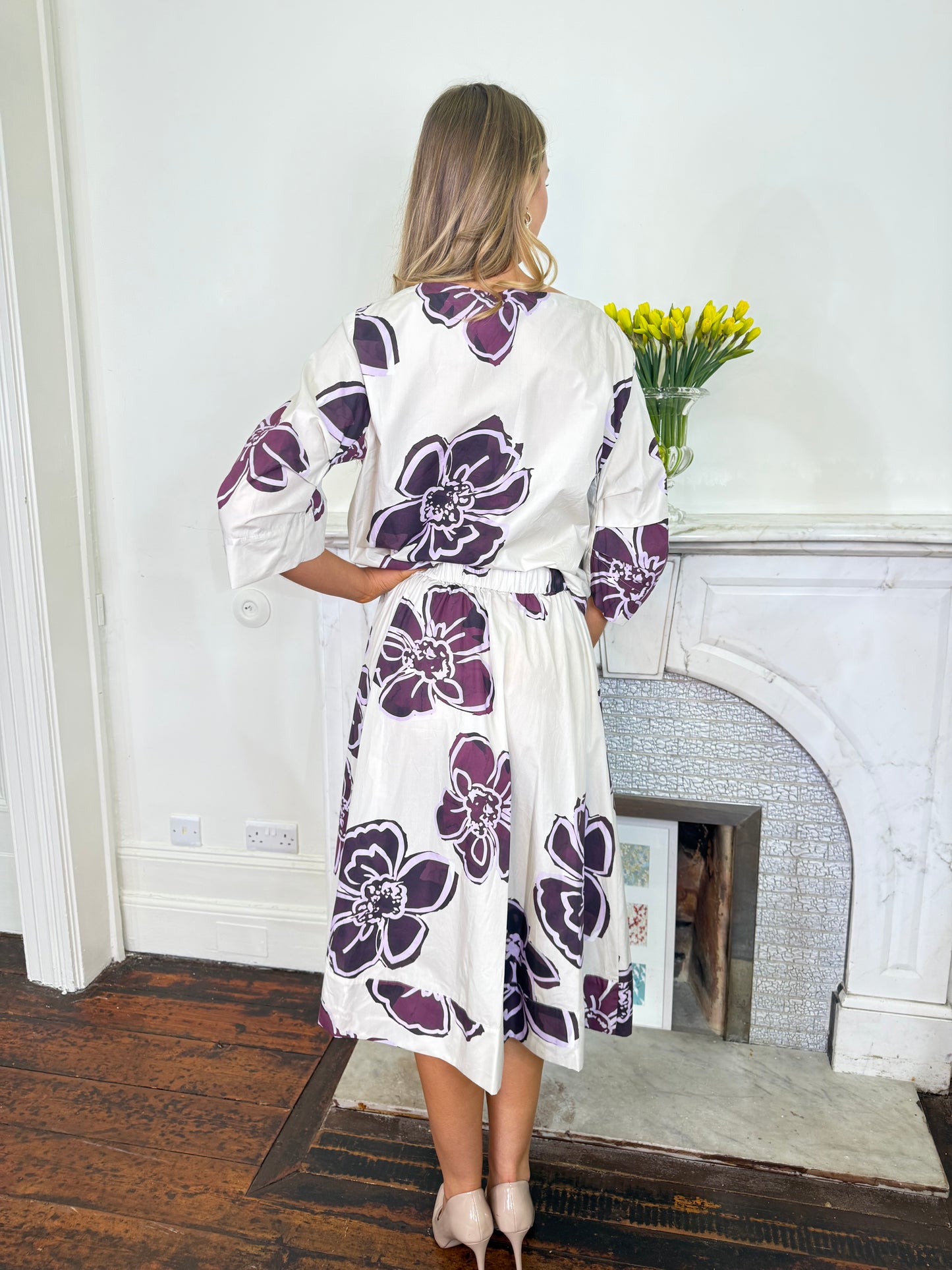 Rosso35 Cotton Purple Floral Print Midi Skirt with Elasticated Waist